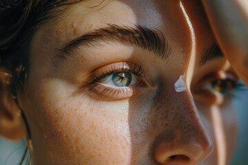 Wall Mural - Close-up of a woman applying eye cream, skincare and beauty routine