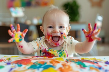 Sticker - Playful baby making a mess with finger paints and laughing with glee