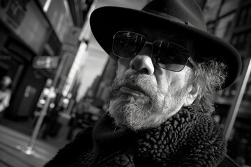 Poster - A man with a hat and sunglasses is sitting on a sidewalk