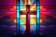 Stained glass window with Christian cross symbol spirituality architecture.