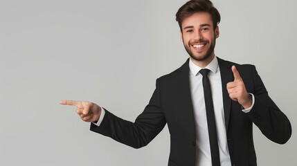 Wall Mural - smiling businessman pointing to side and showing empty space on white background, wearing suit, looking at camera, portrait shot, isolated, copy room. generative AI