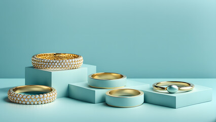 A display of gold and white jewelry on a blue background includes a variety of rings, bracelets, and necklaces