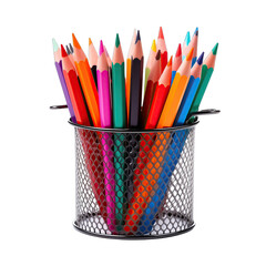 colorful pencils in metal basket on white background