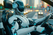 robot sitting as a driver in a modern car, blurred background. Artificial intelect in future life. AI Generated	