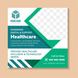 Healthcare Social media post template. Promotion square web banner for hospital and clinic. space for photo collage with combination green and blue on element. white background design template.