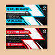 real estate magazine horizontal banner design template with black background. diagonal rectangle shapes for space of photo collage. Combination red and blue element design. dot circle halftone pattern