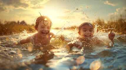 World Children's Day concept. Photo of group of boys having fun in water. Childhood in summer