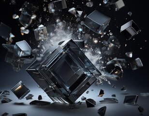 A dark crystal cube explodes into many pieces. The explosion was frozen by the camera at high speed.