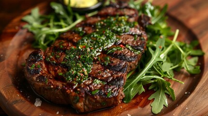 Wall Mural - Steak on wooden plate with greens and lemon