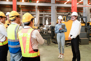 Wall Mural - Professional engineer team working at workplace. Unity and teamwork concept. Portrait engineer factory manager worker and mechanic team together in factory workplace.