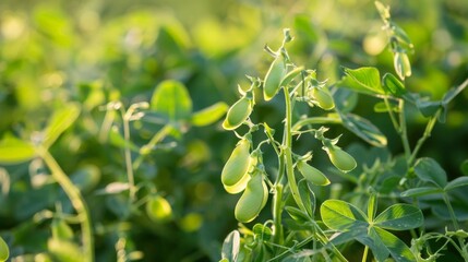 Canvas Print - Field of fresh green peas with leaves