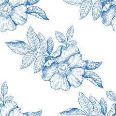 Wall Mural - Monochrome seamless pattern with wild rose flowers. Vector illustration in retro detailed style.