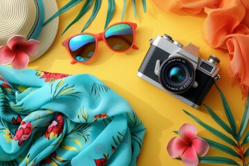 Wall Mural - A beach scene with a blue scarf, sunglasses, and a camera. Summer vacation concept, background