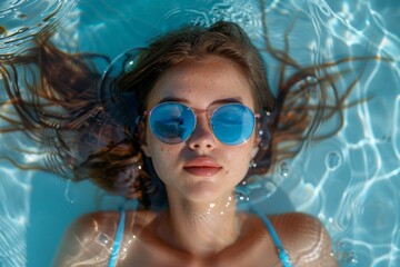 Sticker - A woman sunbathes on the surface of the water in a swimming pool. Summer relaxation on vacation. Background