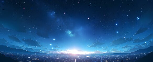 Wall Mural - a brilliant starry sky ,top view angle, panoramic night urban skyline. digital art style, illustrati