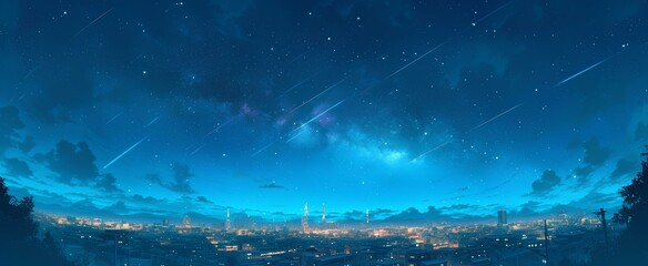 Wall Mural - a brilliant starry sky ,top view angle, panoramic night urban skyline. digital art style, illustrati