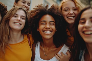 Group of diverse young people standing in a row on a city street