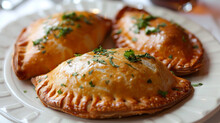 Argentine Traditional Food. Three Fried Empanadas Pastry Stuffed With Beef Meat On Plate