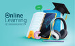Online learning vector design. Back to school online education with mobile phone, notebook, books and graduation cap elements for e learning courses background. Vector illustration online learning 
