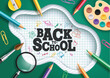 Back to school vector template design. Back to school education greeting in paper cut space for text with color pencil, magnifying glass, brush and water color supplies elements. Vector illustration 