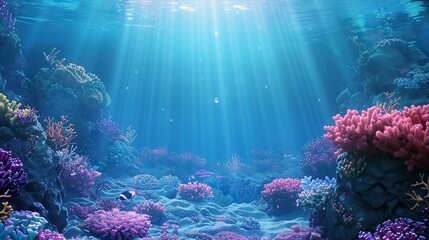 coral reef with godrays shining through the water surface in animated style