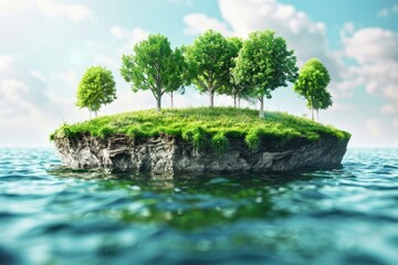 Wall Mural - Travel and vacation background. 3d illustration with cut of the ground and the grass landscape. The trees on the island. eco design concept - generative ai