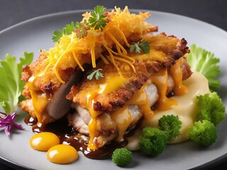 Wall Mural - fried chicken with vegetables and sauce