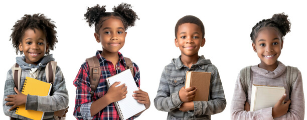 african american school children portraits holding notebooks and books posing against white transpar