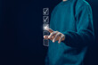 © VRVIRUS - man tick checkmark in the survey item, evaluation tick mark. concept of task audit in a list of documents, option check form online, checklist process order, business verify task detail