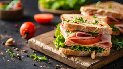 Sticker - A sandwich with ham and lettuce on a board