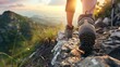 Hiker's feet in boots walking on mountain trail at sunrise