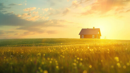 Wall Mural - sunset over field with solitary house and wildflowers