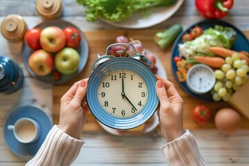 A woman is holding a clock on the plate for the intermediate fasting time to eat  The clock is placed on a table with a variety of fruits and vegetables, including apples, grapes, and carrots