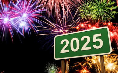 New Year 2025 Creative Design Concept  with Sign Board and fire crackers - 3D Rendered Image	
