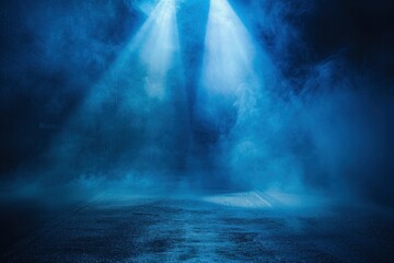 Wall Mural - rays, spotlights light. empty dark scene with blue light. asphalt blue dark street with smoke - gene