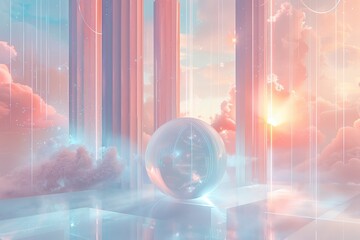 Wall Mural - a large sphere is floating in a room with a pink and blue sky