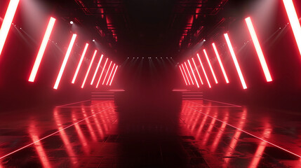 A long red hallway with neon lights. Scene is eerie and mysterious