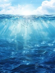  ocean blue underwater waves with sun beam clear view realistic, world oceans day banner vertical with copy space - generative ai