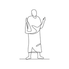 Wall Mural - One continuous line drawing of people doing praying during Hajj month. People using ihram for hajj pray activity in simple linear style design concept. Islamic hajj day design vector illustration. 