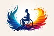 logo of an open arms wheelchair athlete with rainbow light on beige background .