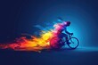 logo of an athlete riding on bike with rainbow light on dark blue background .