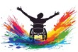 logo of an open arms wheelchair athlete with rainbow paint on white background .