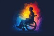 logo of an open arms wheelchair athlete with rainbow light on dark blue background .