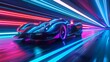Futuristic Sports Car On Neon Highway. Powerful acceleration of a supercar with colorful lights trails. generative AI. hyper realistic 