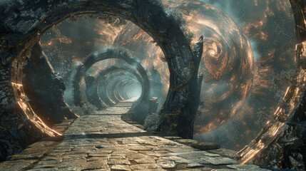 Wall Mural - a dark tunnel with a spiral shape and a glowing light at the end