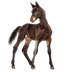 Month old dark brown Andalusian horse aka pura raza espanola standing side ways Looking towards camera Isolated on a white background