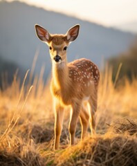 Canvas Print - A small deer standing in a field with grass and trees. Generative AI.