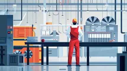 Wall Mural - a factory operator in red overalls supervising a production line enhanced with ai technology