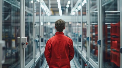 Wall Mural - a factory operator in red overalls supervising a production line enhanced with ai technology