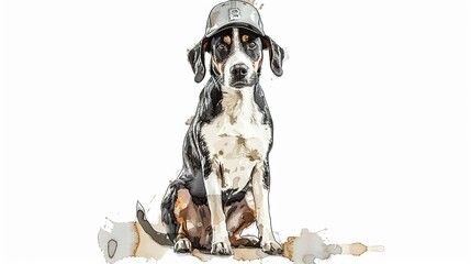 Wall Mural - cute dog posing, sitting down, full dog picture from head to feet, wearing sports cap, white space all around, white background, hand drawn style